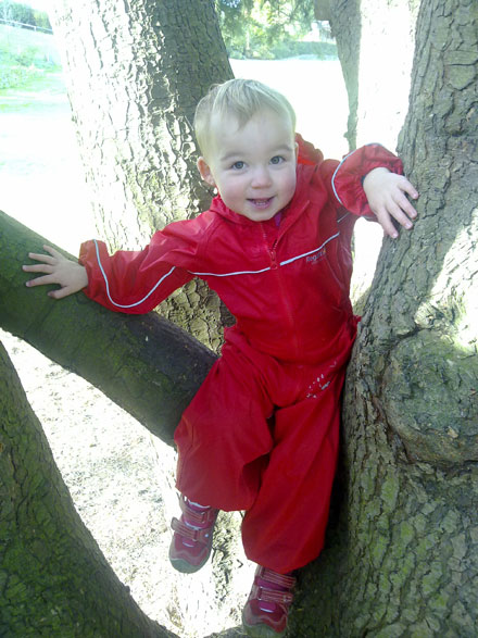Eilidh in puddle suit in a tree