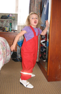 Ezzie in Nana's bedroom sporting her Kiba dungarees and nana's shoes!