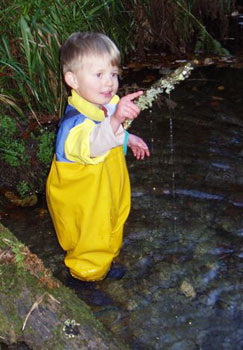 George wading in Plymbridge woods