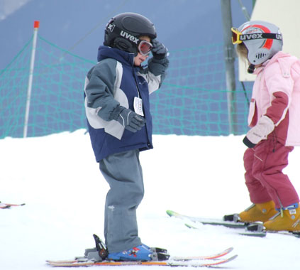 Harry in Dare2Be Snowcat jacket, Round up salopettes and cascade gloves - on his first skiing trip